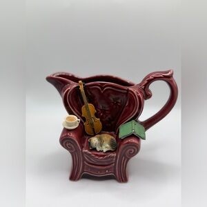 Artistic Burgundy Ceramic Teapot with Violin and Book